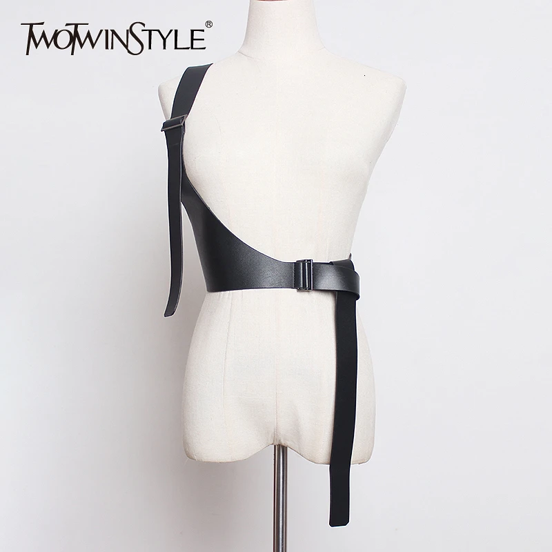 Женский ремень из искусственной кожи TWOTWINSTYLE черный Регулируемый в стиле пэчворк