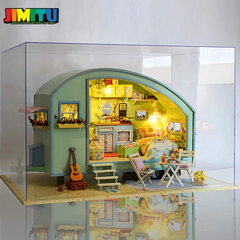 JIMITU Cuteroom DIY деревянный кукольный домик Миниатюрный комплект для кукольного дома светодиодный+ музыка+ Голосовое управление комплекты ручной работы туристический фургон для девочек