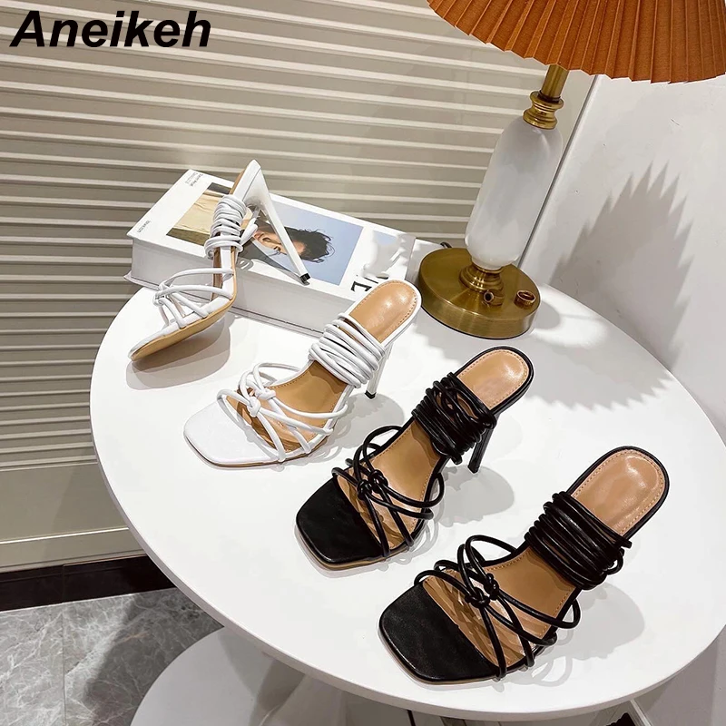 

Aneikeh 2021 Women Shoes New Summer Thin Heels PU Sandals Party Narrow Band Solid Concise Gladiator Square Toe Black Size 35-42