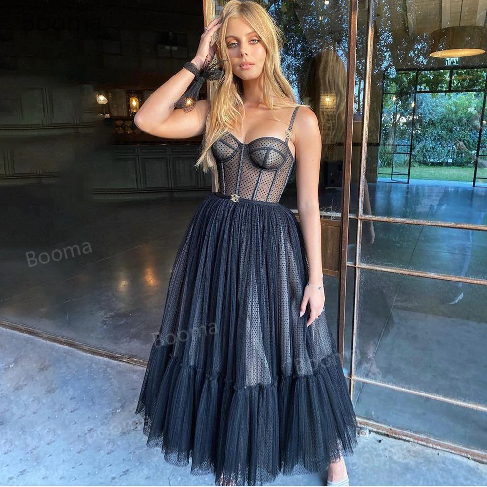 UZN Hot Sale Dark Navy Dots Net Prom Dress Ankle Length Sweetheart A Line Evening Dress Sexy Illusion Party Dress Vestido