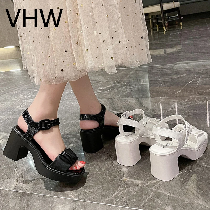 

Women High Heels 2021 Summer Fashion Open Toe Shoes Chunky Square Heels Black Pleated Leather Casual Buckle Strap Sandals