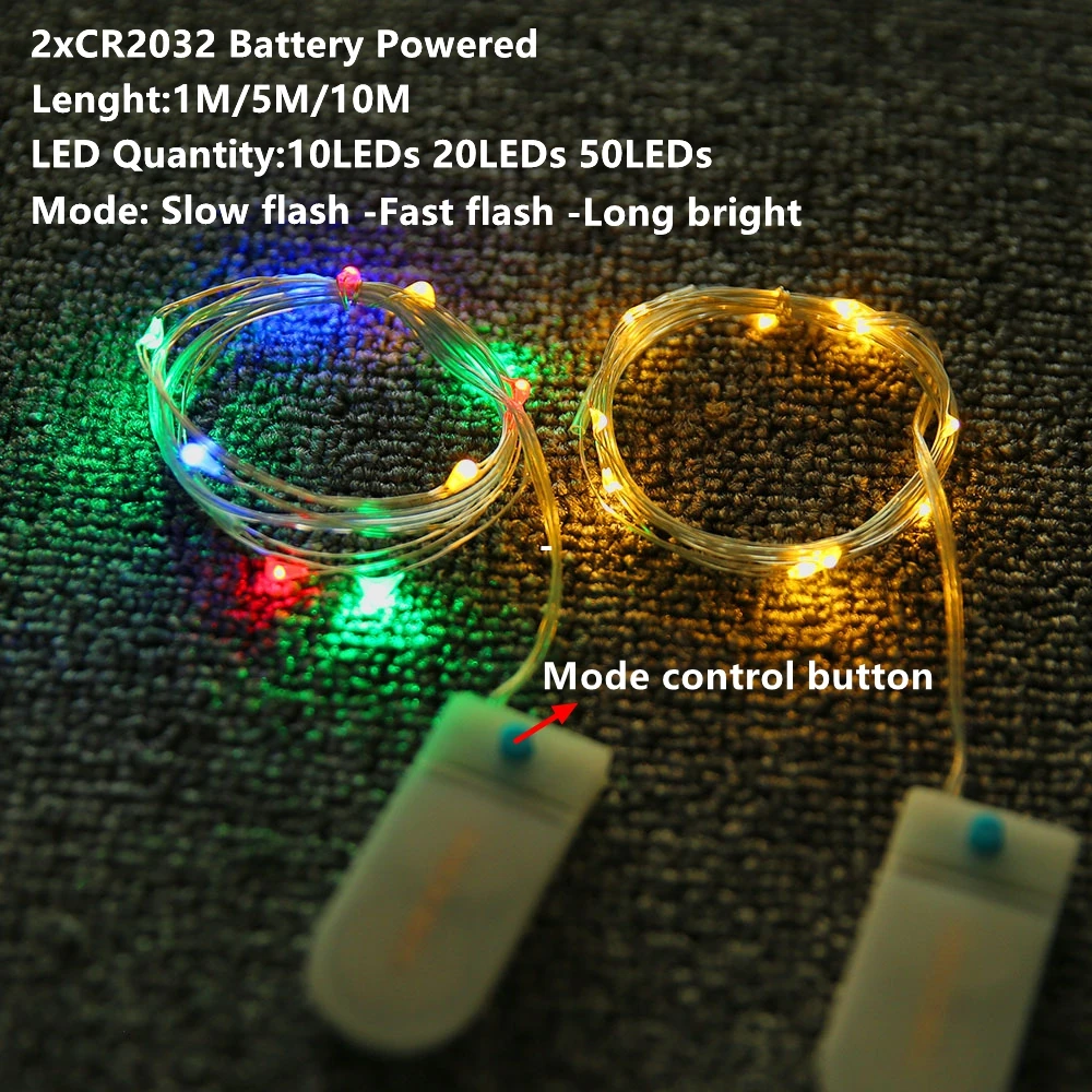 2 Modes-CR2032 1 м 2 м 5 м 10 м 20 М медный провод светодиодный светильник-гирлянда Сказочный светильник s ночник для рождественской гирлянды год Рождество свадебное украшение - Испускаемый цвет: 2 Modes-CR2032