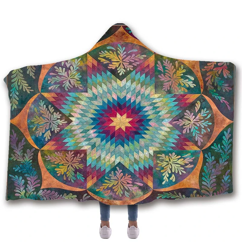 Одеяло с капюшоном и принтом мандалы Флисовое одеяло s для кроватей Двухслойное