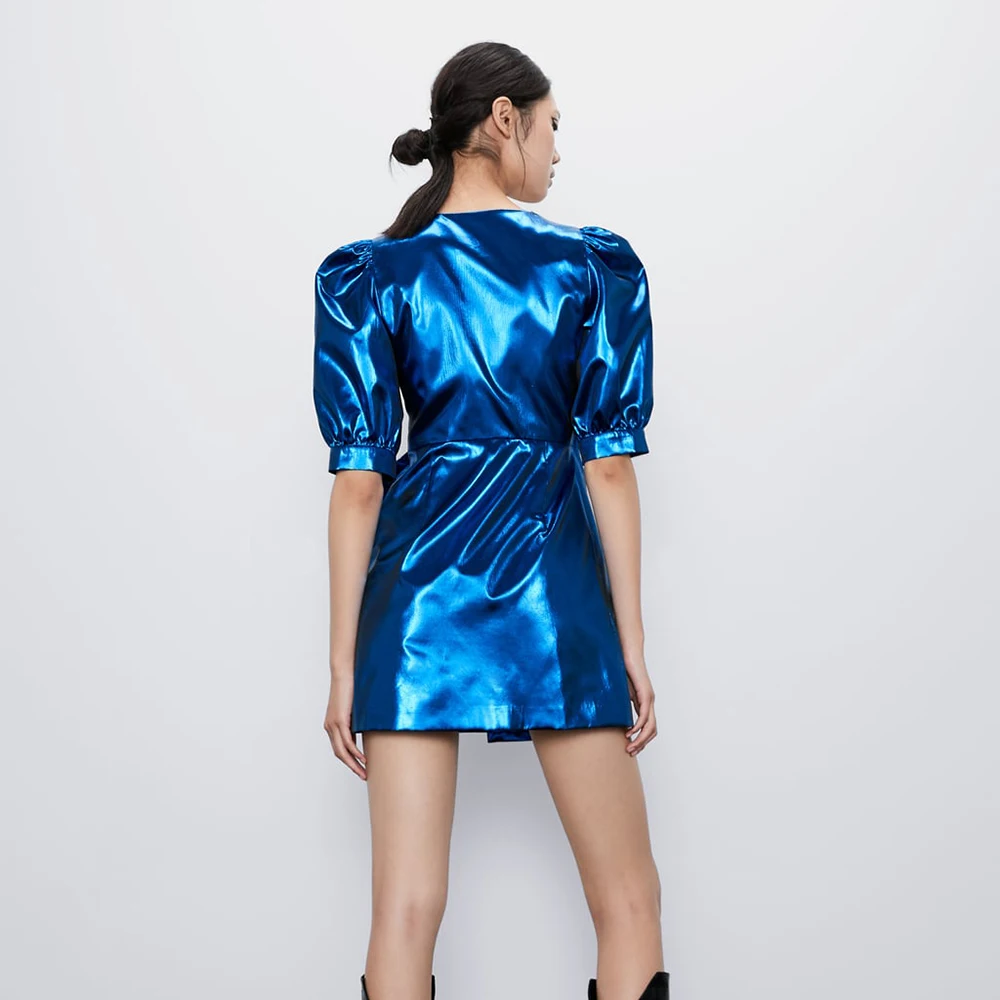 ZA глянцевое кружевное приталенное платье женское V лидер длинные локти пушистые