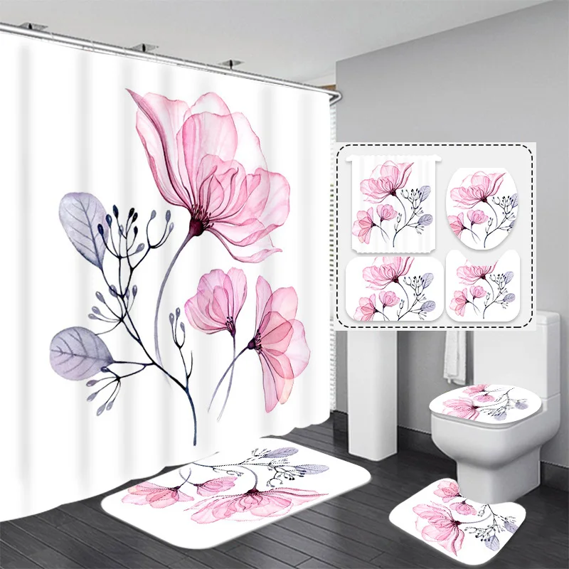 

Floral Watercolor Flower Shower Curtain with Hooks Waterproof Colorful Print Polyester Fabric Bathroom Decoration Bath Curtains