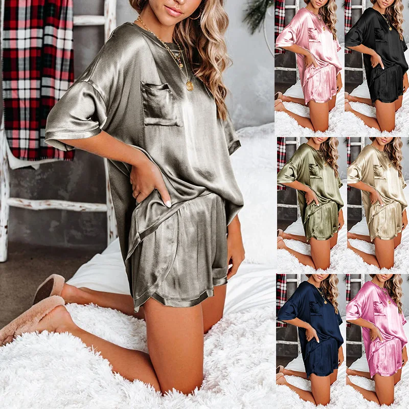 

2021 spring and summer new solid color round neck short sleeve home service suit pajamas Women's home clothes with shorts suits