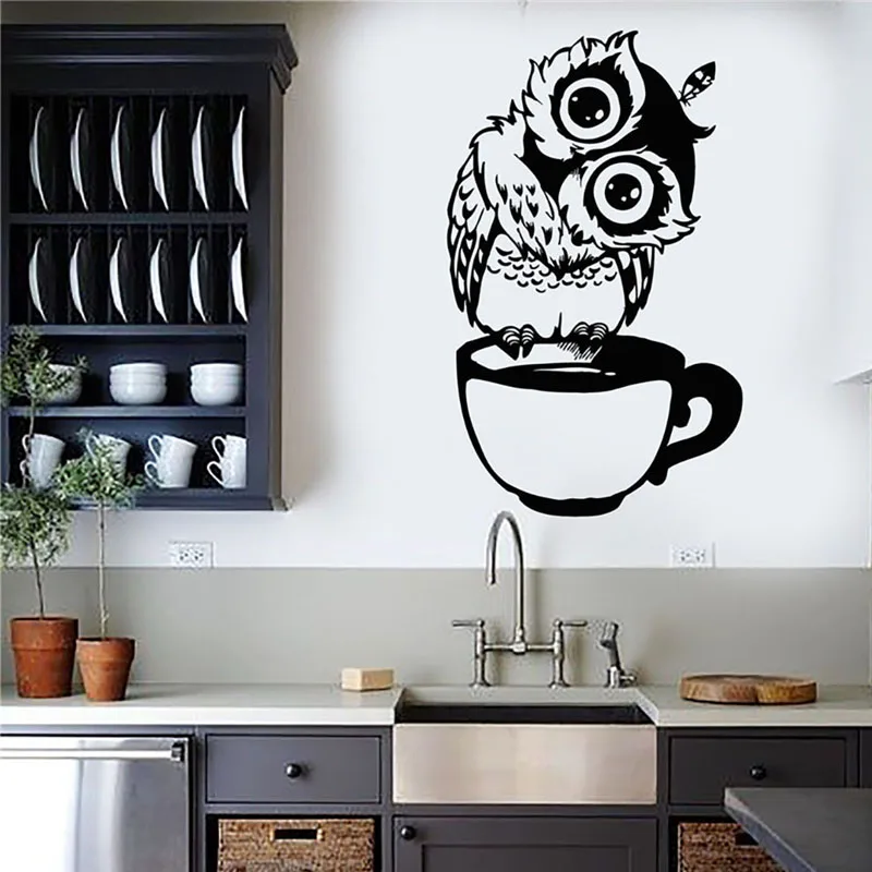 

Cute Cartoon Owl In The Cup Wall stickers Coffee Decorative Decal For Kitchen Dining Room Vinyl Decals For Cafe Bar Home Decor