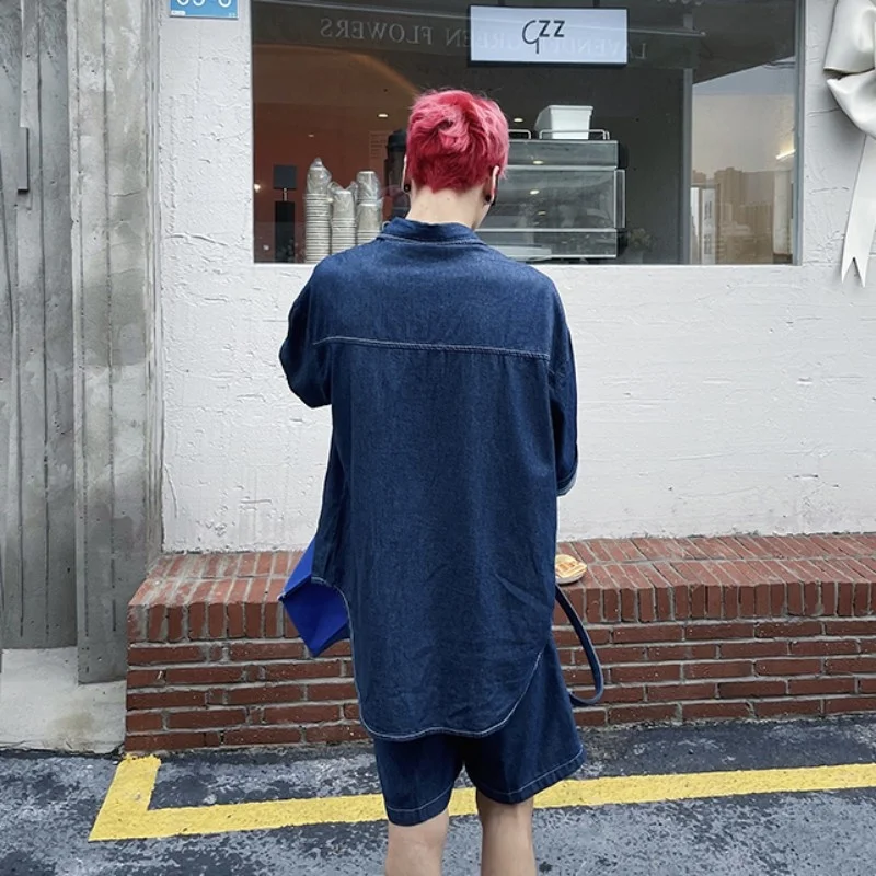 Джинсовый костюм мужской свободного покроя винтажная рубашка из денима с