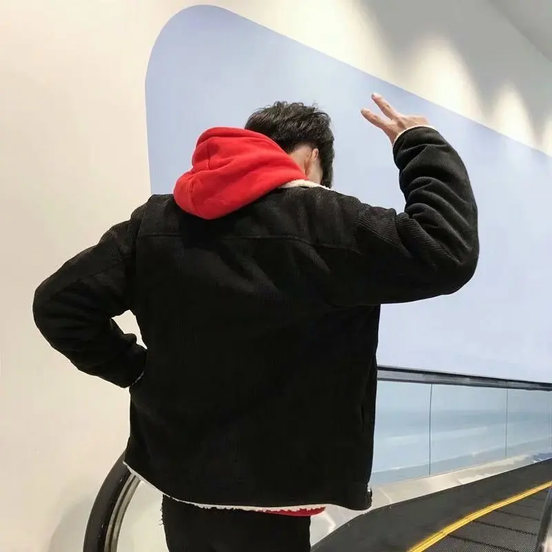 

Men's Vintage Slim Sherpa Lined Shearling Corduroy Trucker Jacket Military Jackets Men Warm Thick Coat