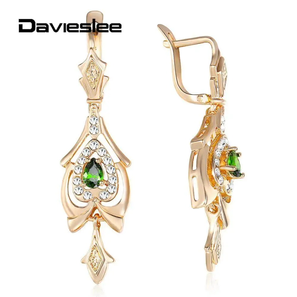 Davieslee Teardrop Olivine Green CZ люстра Висячие серьги для женщин проложили прозрачный кубический цирконий 585 розовое золото заполненный DGE109