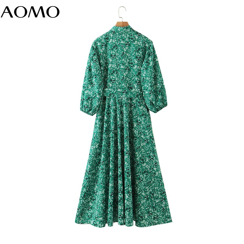 

AOMO 020 autumn women green flowers print shirt dress three quarter sleeve female midi dress with slash 3Z108A