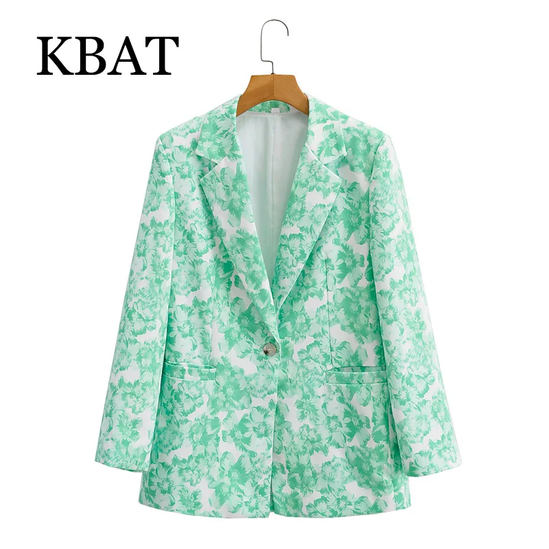 

Женский осенний зеленый Блейзер KBAT 2021 с принтом, винтажный пиджак с английским воротником и карманами 2021, модные женские повседневные шикар...