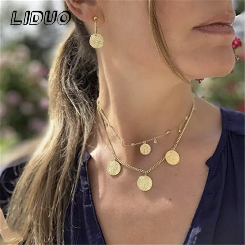 LIDUO новая мода блестящие золотистые блестки монета Подвеска для женщин колье