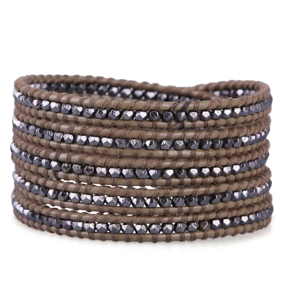 KELITCH мини Серый Nuggest бисерные браслеты манжета унисекс 5 wrap Strand Кожаный браслет на