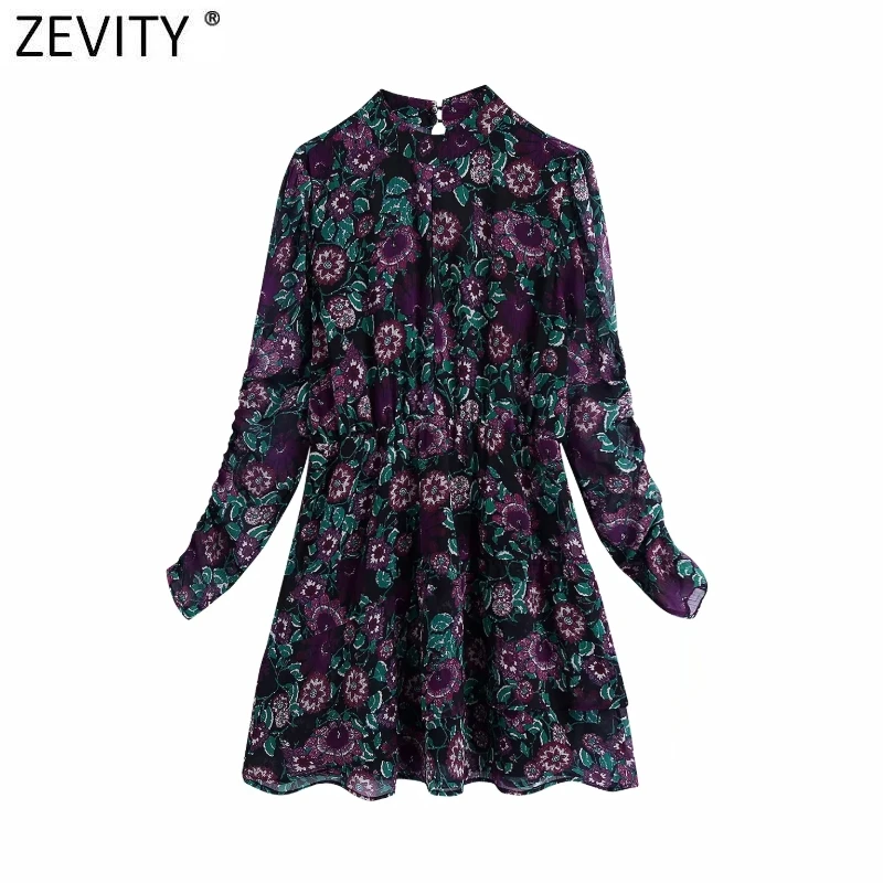

Zevity, новинка, женское винтажное шифоновое мини-платье с воротником-стойкой и цветочным принтом, женские шикарные плиссированные повседневн...
