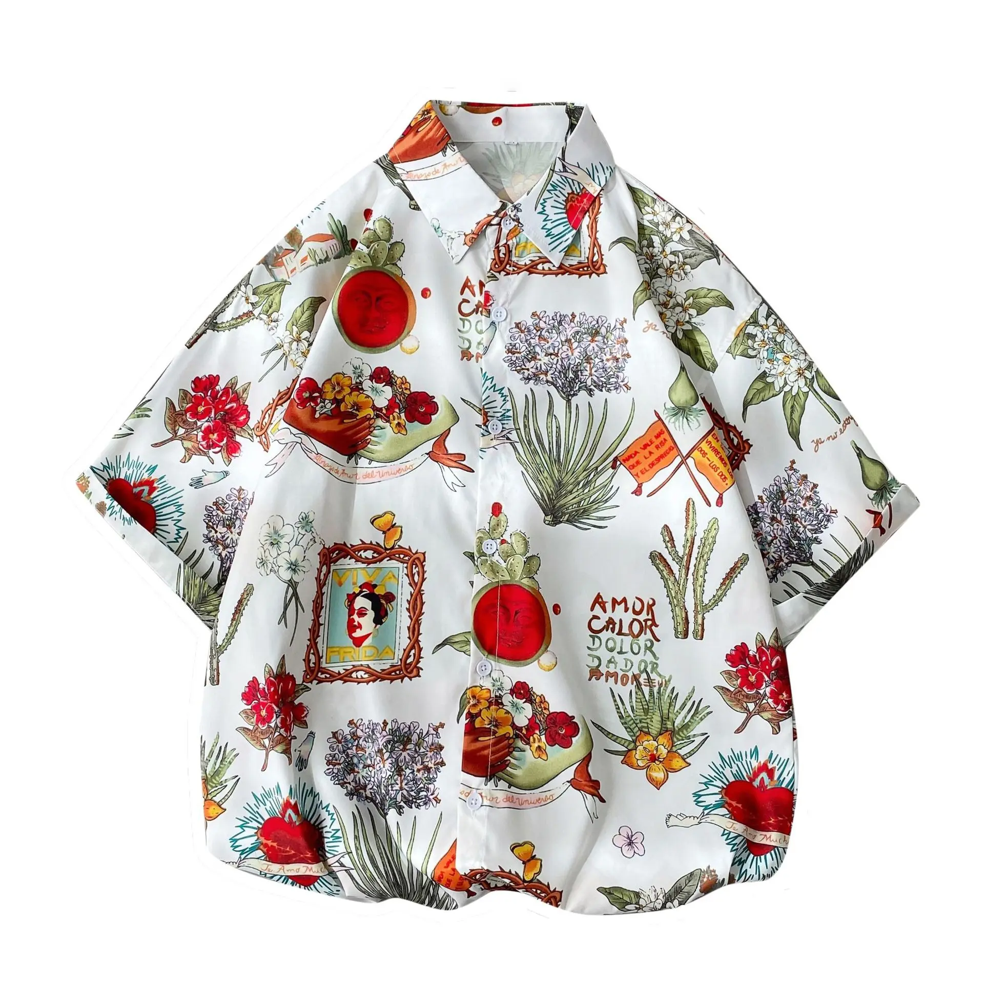 

Summer leisure white cotton youth summer lapel spot loose type common printed shirts