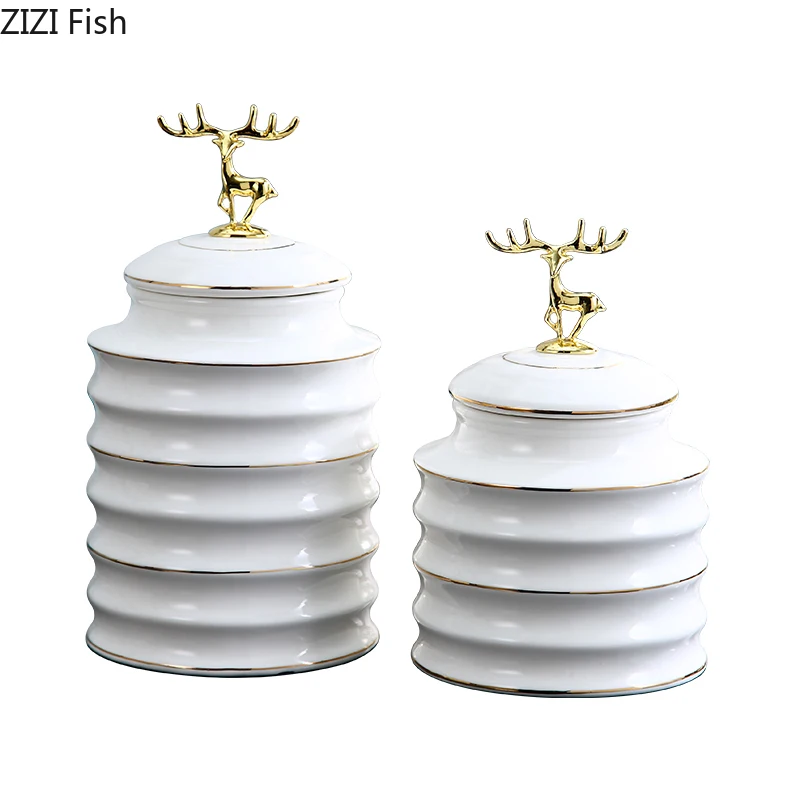 

Geometric Ceramic Jar Golden Deer with Lid Home Storage Organization Ceramic Crafts Ornaments General Jar Home Decoration