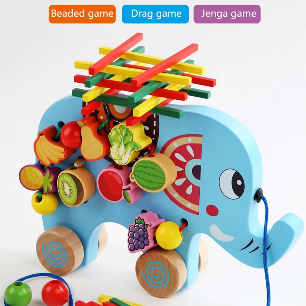 

Wooden Multifunctional Elephant Lion Beaded Balance Drag Games Children's Rope Building Blocks Cognitive Stacking Toy For Kids