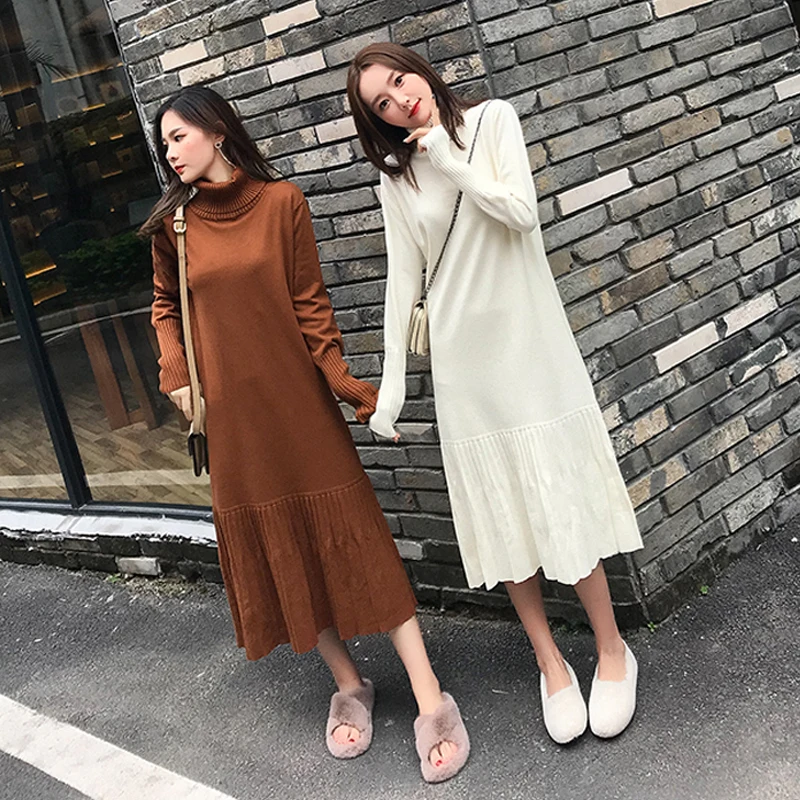 Осенне-зимнее женское вязаное платье элегантное платье-свитер с высоким