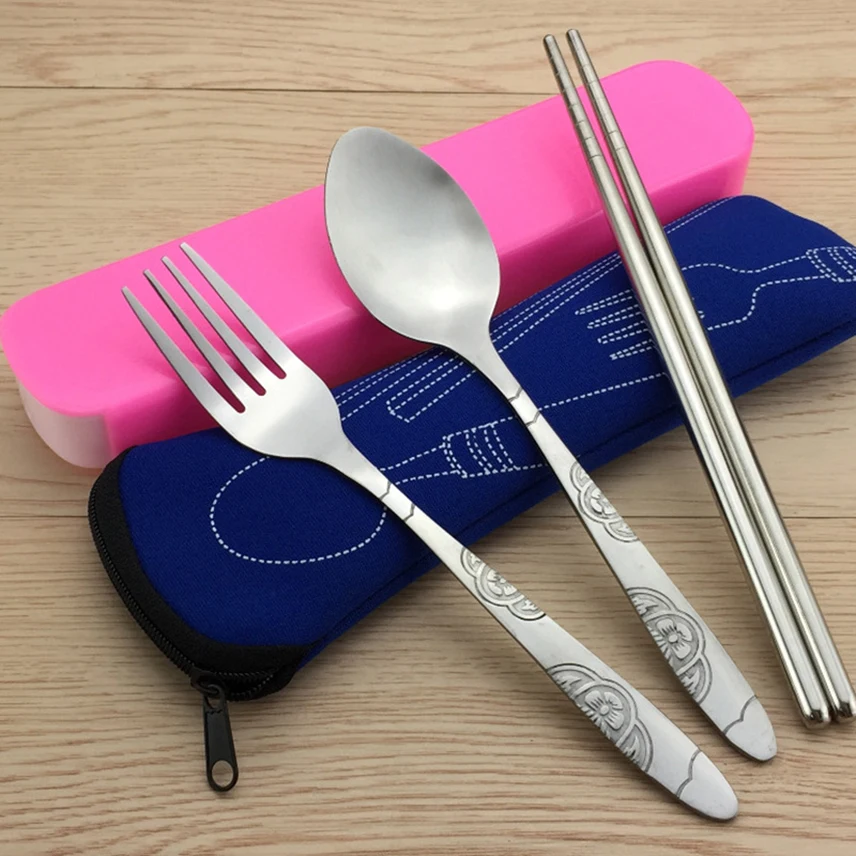 

3Pcs/set Dinnerware Stainless Steel Knife Fork Spoon Set Durable Family Camping Travel Cutlery Tableware With Storage Bag