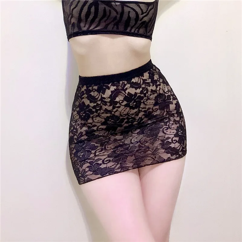 Women See Through Sexy Nightclub Micro Mini Hip Skirt Female Transparent Hollow Neat Buttocks Lace Porn Allure Ultrashort Skirts