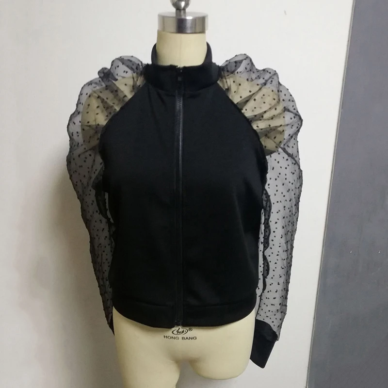 

Autumn Winter Women Jacket Loose Half Turtleneck Stitching Lace Polka Dot Bubble Sleeve Long Sleeve Tops Women