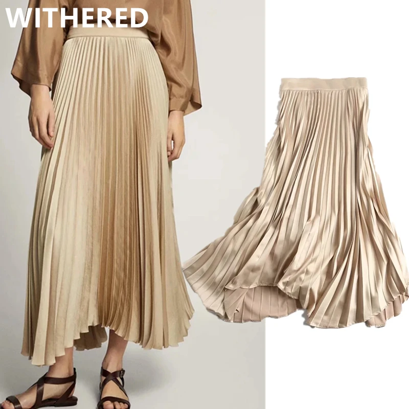 

Withered england style office lady elegant satin pleated high wasit long skirt women faldas mujer moda 2020 midi skirts womens