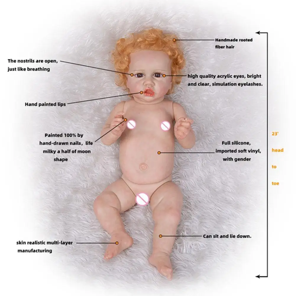 

23inches Curly Hair Reborn Cute Doll Soft Adorable Color Skirt Brown Blue Eyes Full Body Silicone Kid Birthday Gifts Silicone