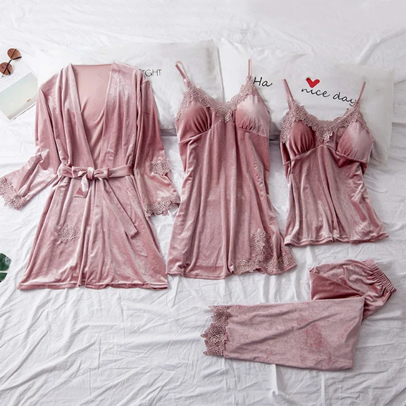 

4PC Velvet Robe Sleep Suit Women Lace Pajamas Grown Set V-neck Sexy Nighties Bathrobe Pijama Home Nightwear Spring Nightdress