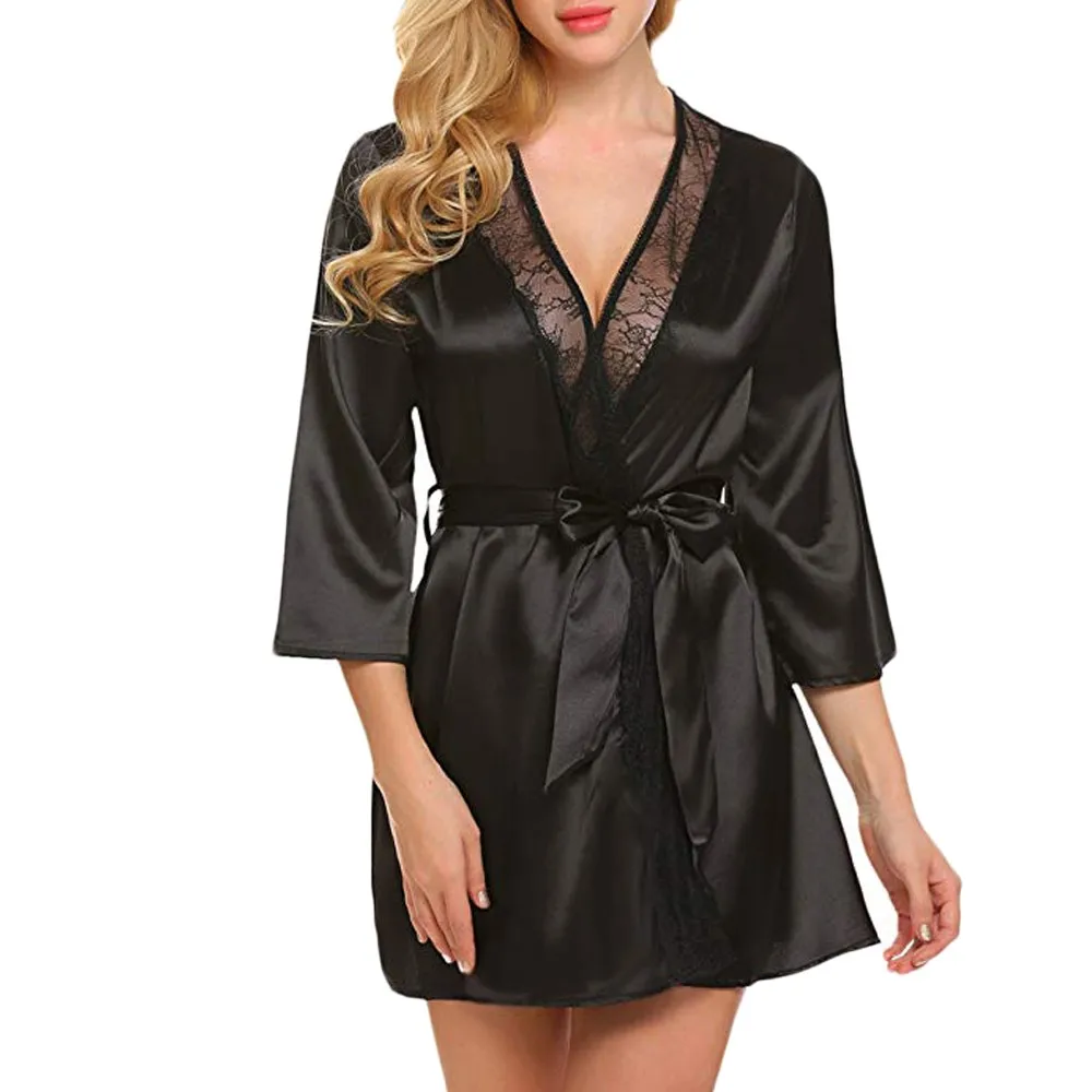 Женский пикантный шелковый халат-кимоно кружевное нижнее белье банный халат