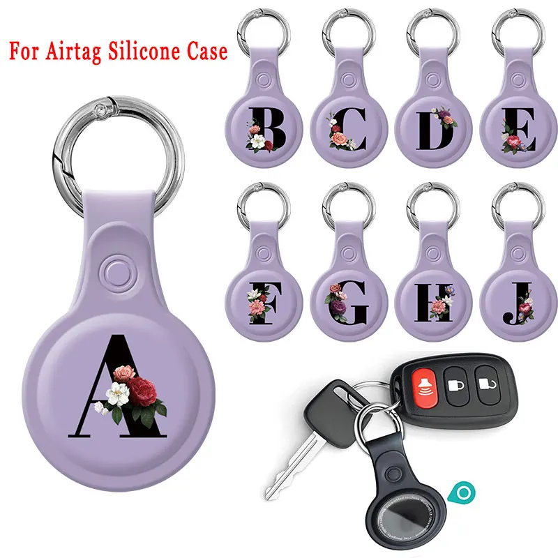 

For Apple Airtags Silicone Protective Case Keychain Tracker Locator Floral Initial Alphabet Letters Cover For Airtag Accessories