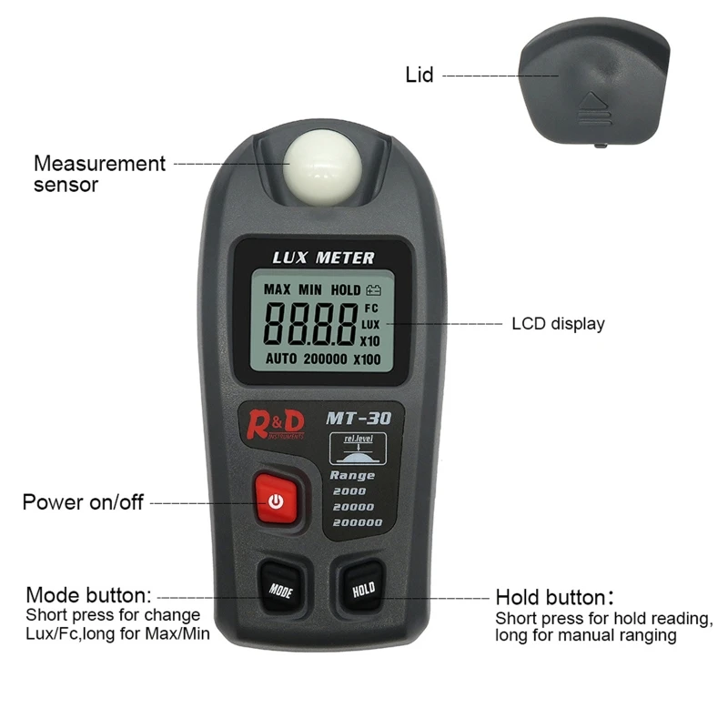 

MT30 Lux meter Light Meter Pocket Design Illuminometer lux/fc Photometer Tester Enviromental Testing 0~200,000lux Range