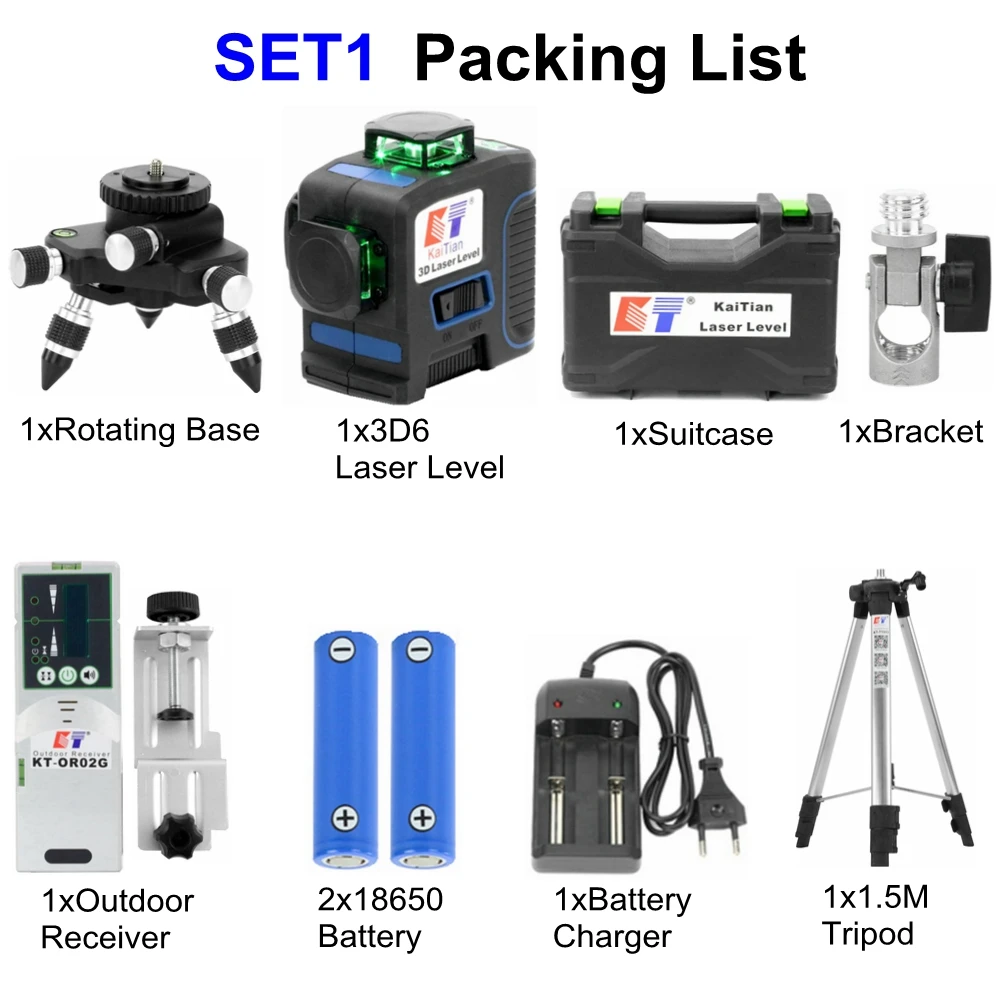 KaiTian 3D Laser Level 360 Powerful 532nm 12 Lines Self-Leveling Horizontal Vertical Green 3D Line Lazer Level Lasers Receiver