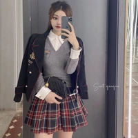 2020 HOT Autumn Winter Womens set American College Fake two piece Knitted Top Pleated skirt Embroidered Blazer Loose knitting