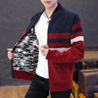 Теплый толстый свитер для мужчин, корейский стиль, мужской вязаный кардиган, свитер, тонкая Полосатая Зимняя одежда для мужчин, одежда на молнии с длинным рукавом