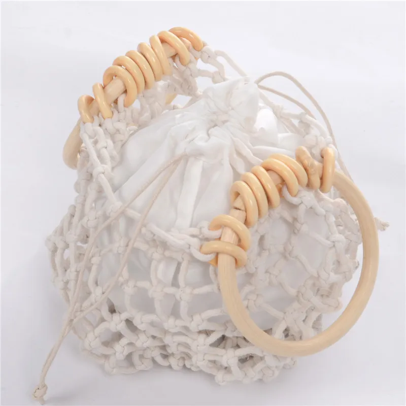 

Woman Girl Fashionable Woven Handbag Beach Style Wood Handle Drawstring Bucket Bag Daily Life and Vacation Mini Coin Purses