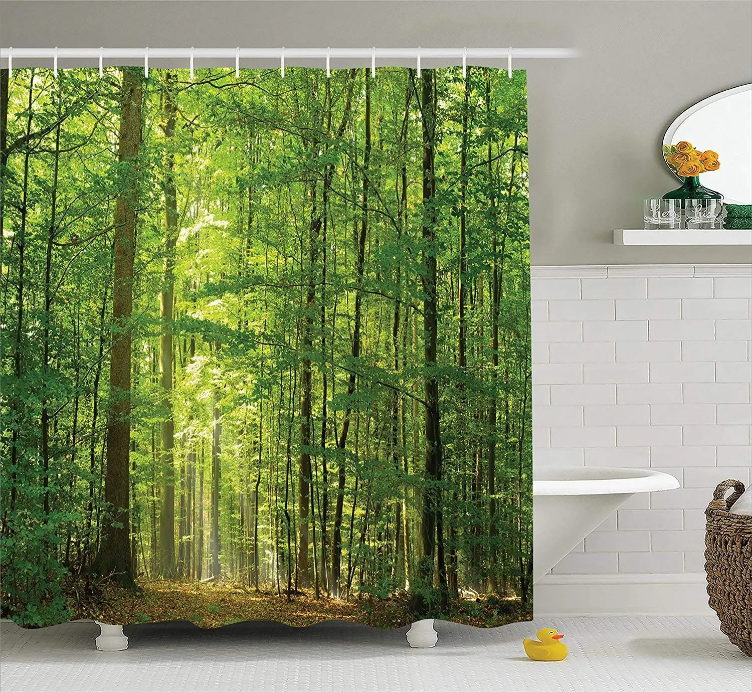 

Woodland Decor Shower Curtain Set Deciduous Forest in Summertime Foliage Sunlight Romantic Holidays Scenics Bathroom Accessories