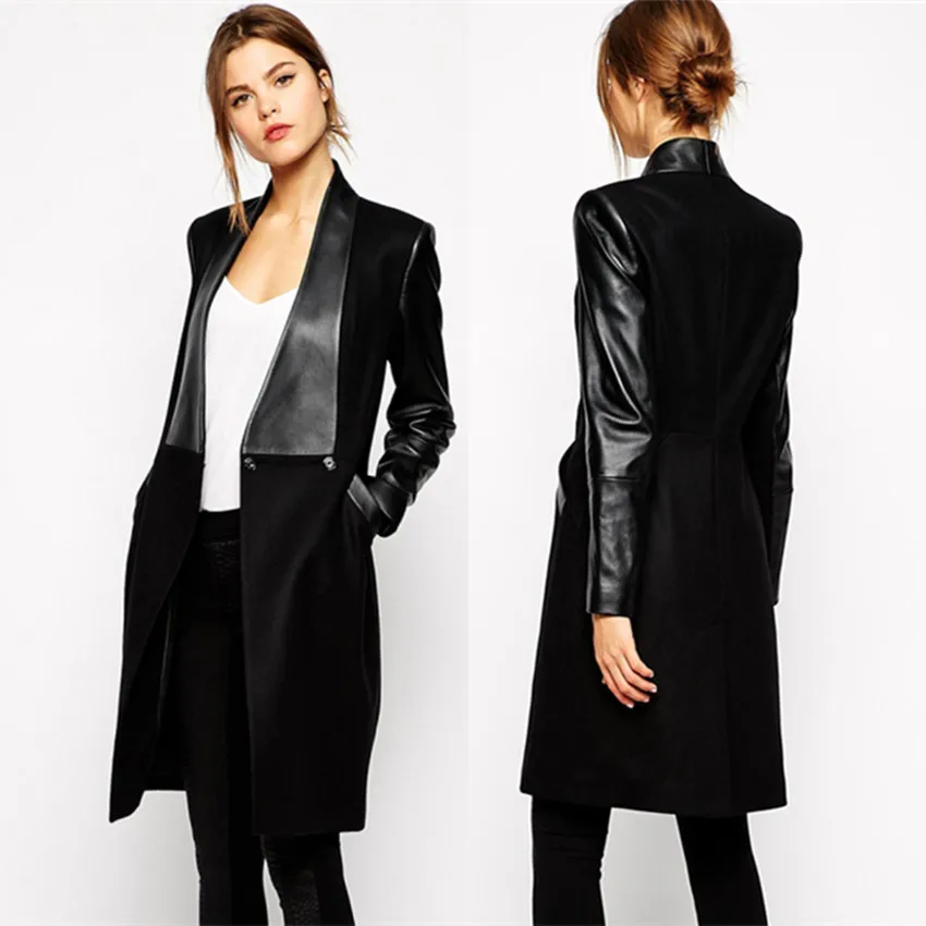 

Autumn and winter women's wear Stitched PU leather medium length Slim woolen coat Wool coat coat women Thick coat