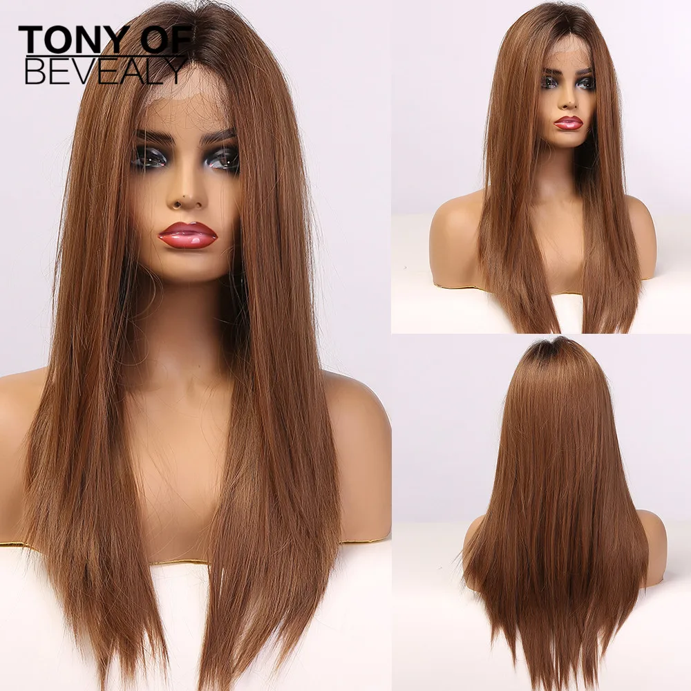 Длинные прямые коричневые кружевные Передние Синтетические Искусственные