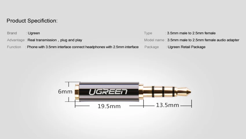 Ugreen Jack 3,5 мм до 2,5 мм аудио адаптер 2,5 мм штекер 3,5 мм Гнездовой разъем для Aux акустический кабель Разъем для наушников 3,5