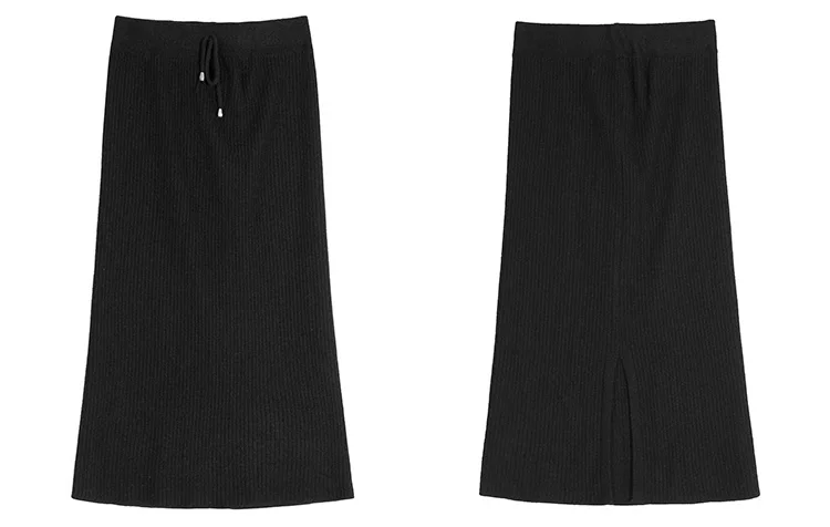 ELFSACK Black Solid Split Empire Waist Knitted Skirt Women Winter Pure New Elegant Skinny Office Ladies Daily Skirts