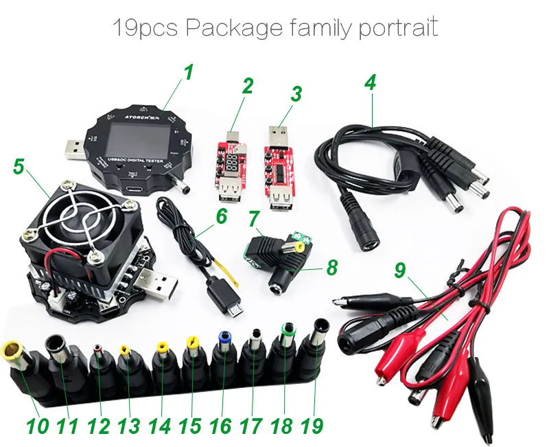 add 19pcs set DC5.5 USB 3,0 тип-c 18 в 1 USB Тестер DC Цифровой вольтметр power bank зарядное устройство Напряжение Ток Амперметр детектор QC/PD3.0 метр - Цвет: add 19pcs set