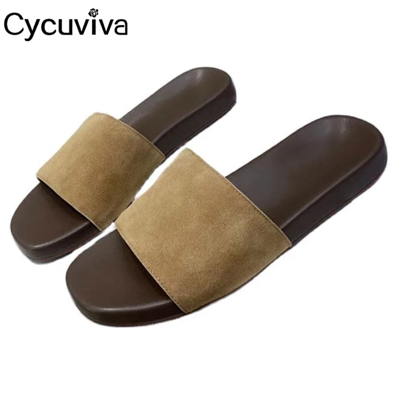 

2021 Suede Men Slippers Peep Toe One Word Band Flat Male Flip Flops Summer Brand Runway Concise Comfortable Beach Shoes For Men