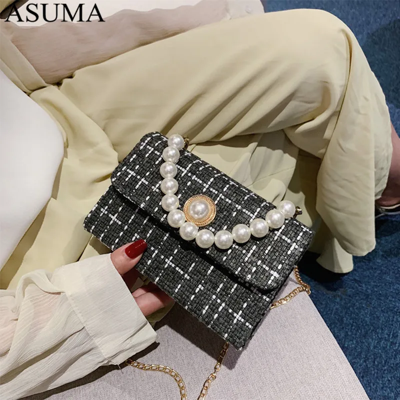 Красочный Жемчуг сумки через плечо для женщин 2019 зимние твидовые маленькие