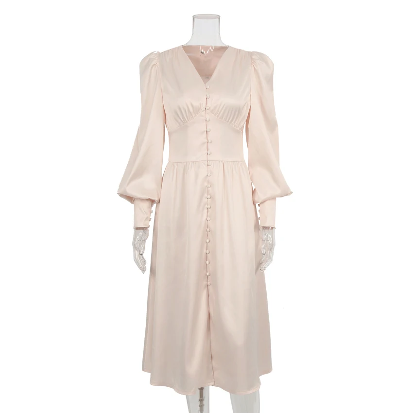 

Puff Sleeve A-Line Office Dress For Christmas New Yea Elegant Long Satin Party Dress Winter Autumn Women