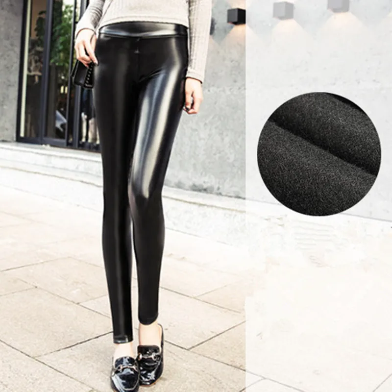 

Winter Leggings Thickening Black Faux Leather Leggings Velvet PU Pants Elastic Skinny Warm Women's Trousers Pants