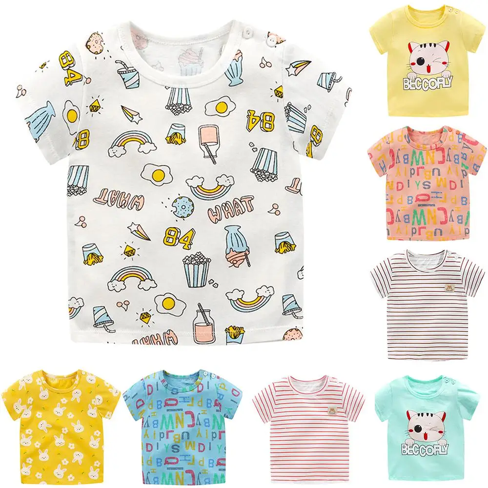 

Summer Kids Striped Cartoon Floral Printed Tops Baby Girls Boys O Neck Casual T Shirts