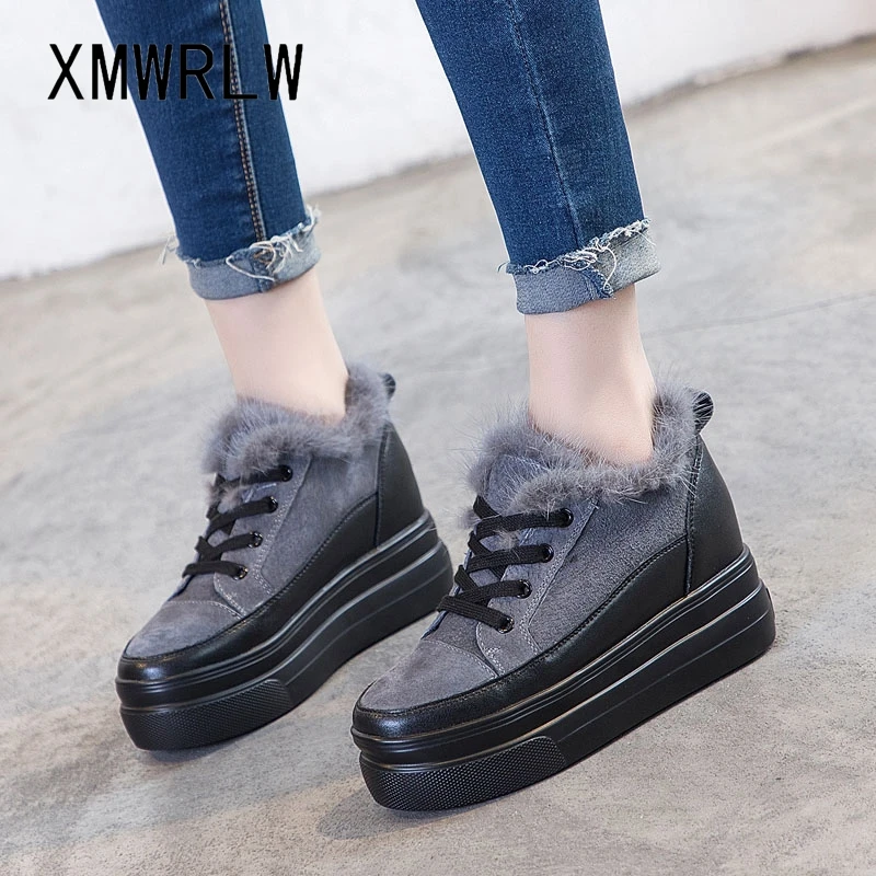 

XMWRLW Women's Flat Platform Shoes 2020 Winter Split Leather Casual Women Sneakers Thick Sole Wedges Shoes Women Winter Sneakers