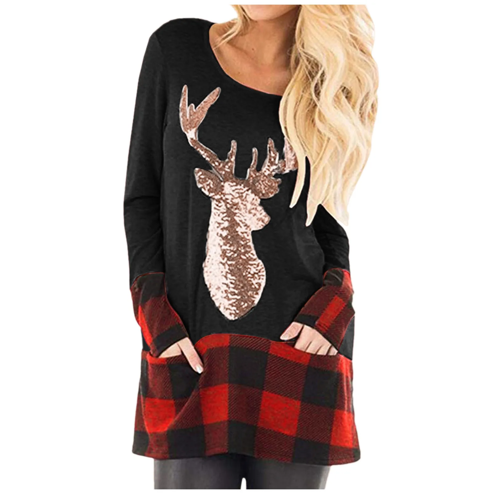 

Christmas Red Plaid Elk Print Sweatshirt Women Tops O-neck Long Sleeve Pullovers Female Girls Casual Pockets Clothes Hoodie