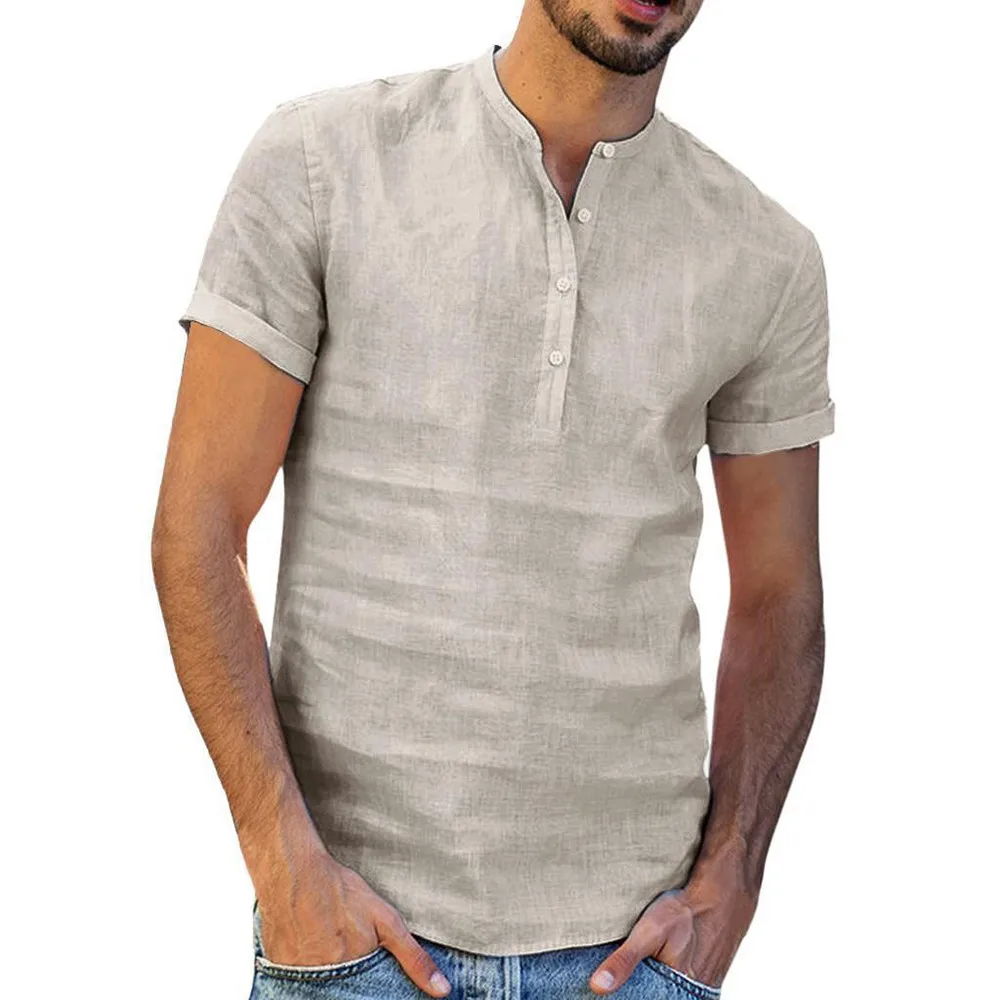 

New Men's Casual Blouse Cotton Linen Shirt Loose Tops Short Sleeve Tee Shirt Spring Autumn Summer Holiday Handsome Men Shirt
